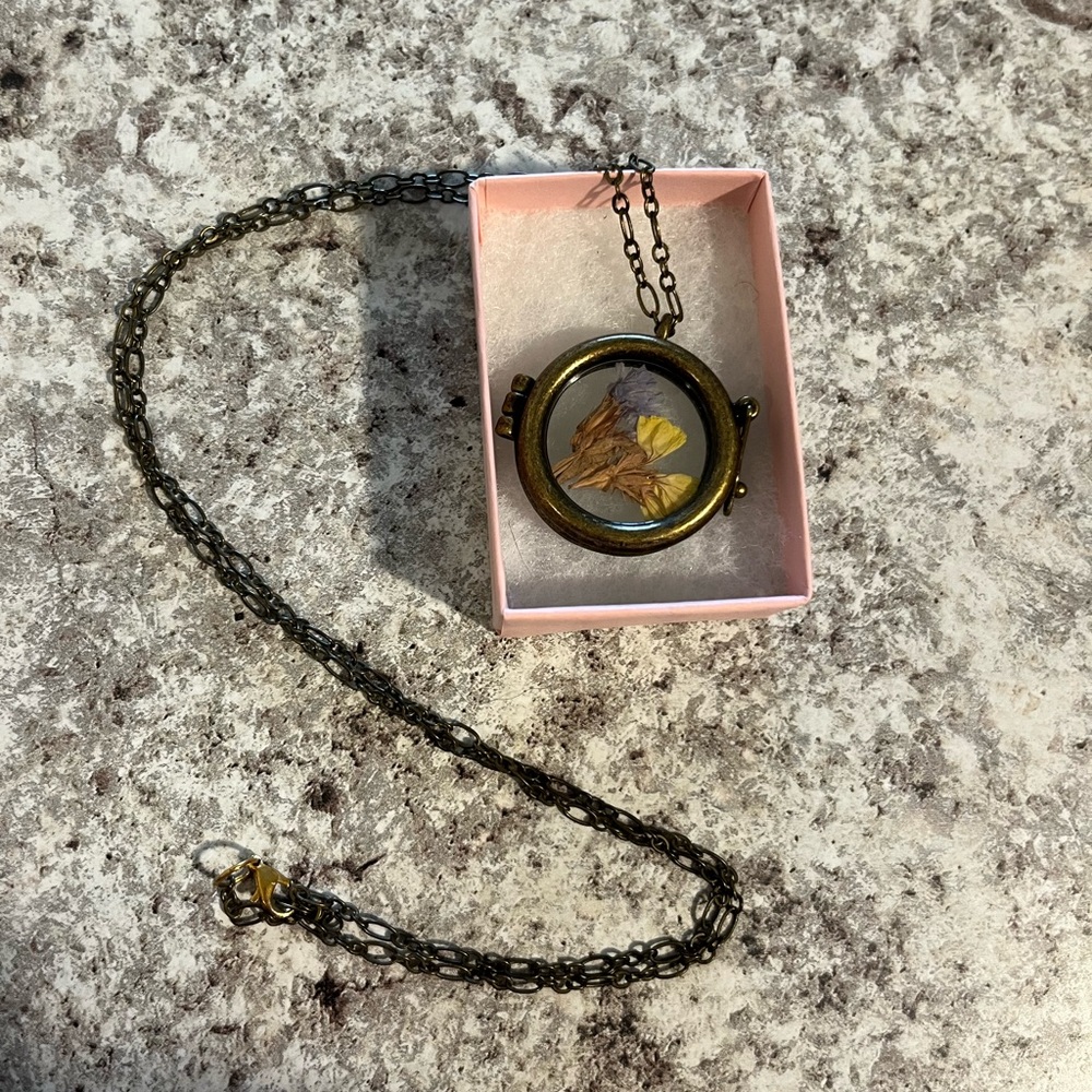 Bohemian Brass Colored Pressed Floral Pendant Necklace